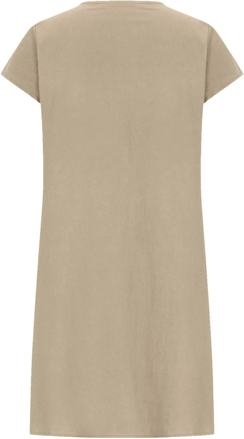 Linen Dress for Women Summer Loose Crewneck Solid Color Sundress Casual Short Sleeve Vacation Beach Pleated Dresses