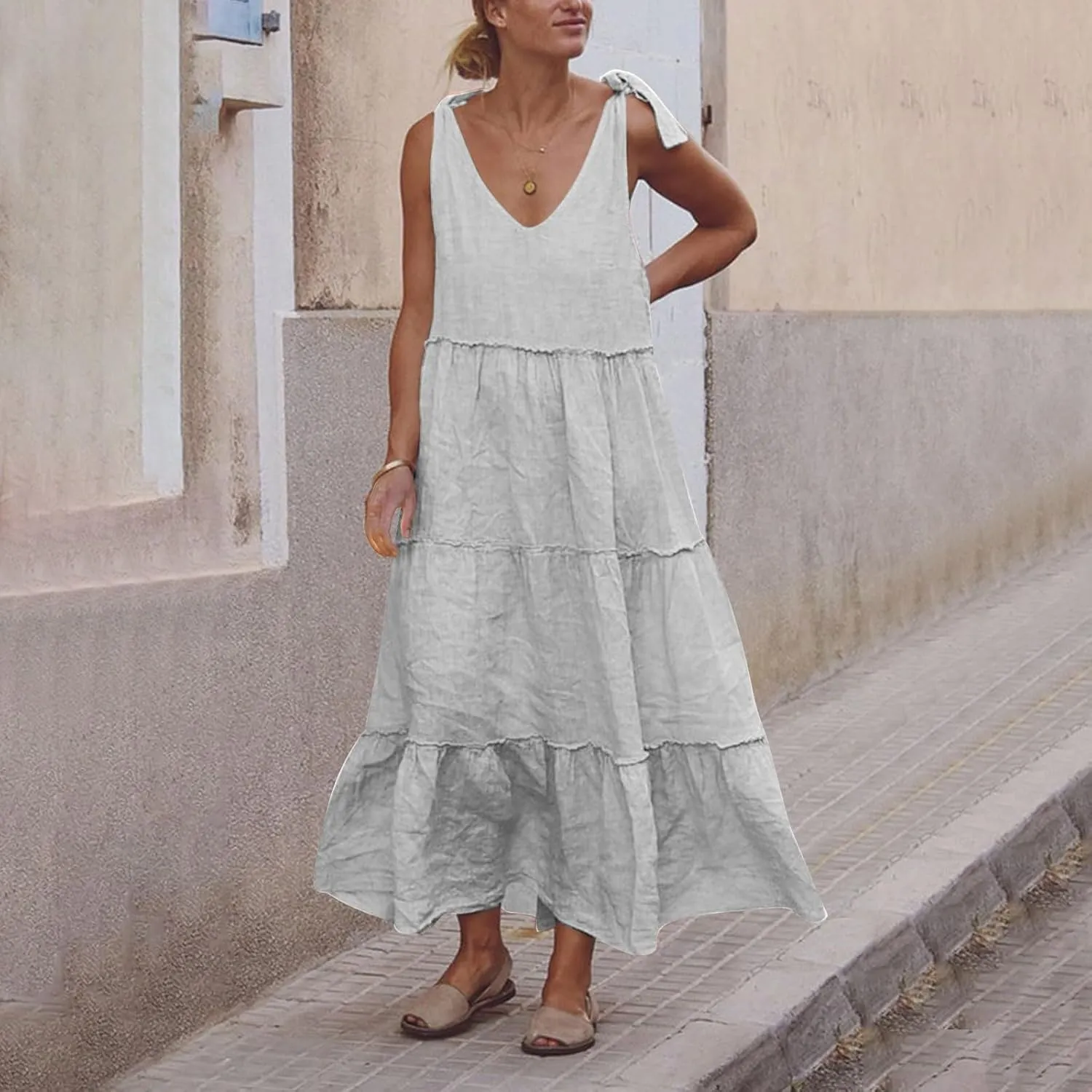 Linen Dress Women V Neck Tie Shoulder Backless Maxi Dress Casual Summer Tiered Flowy Boho Beach Vacation Sun Dresses