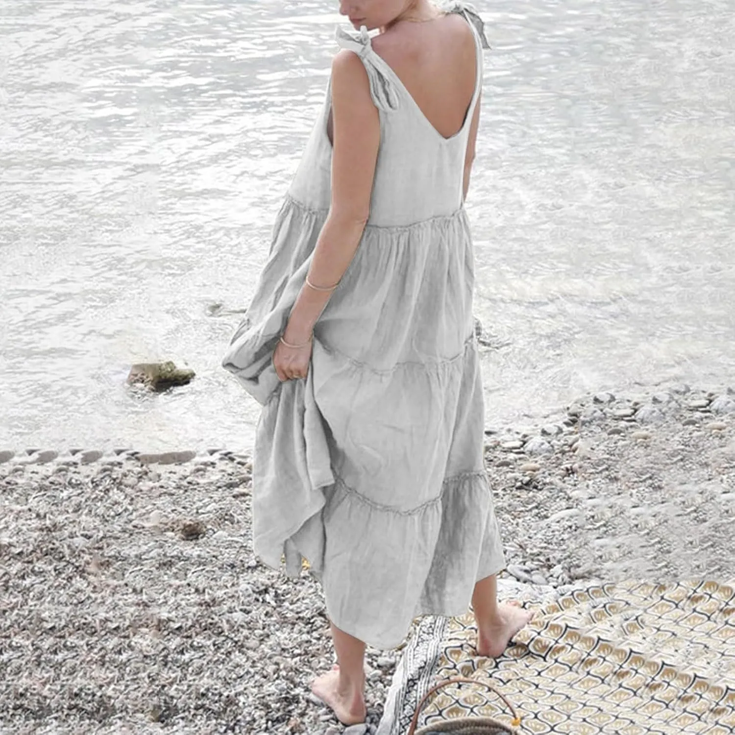 Linen Dress Women V Neck Tie Shoulder Backless Maxi Dress Casual Summer Tiered Flowy Boho Beach Vacation Sun Dresses