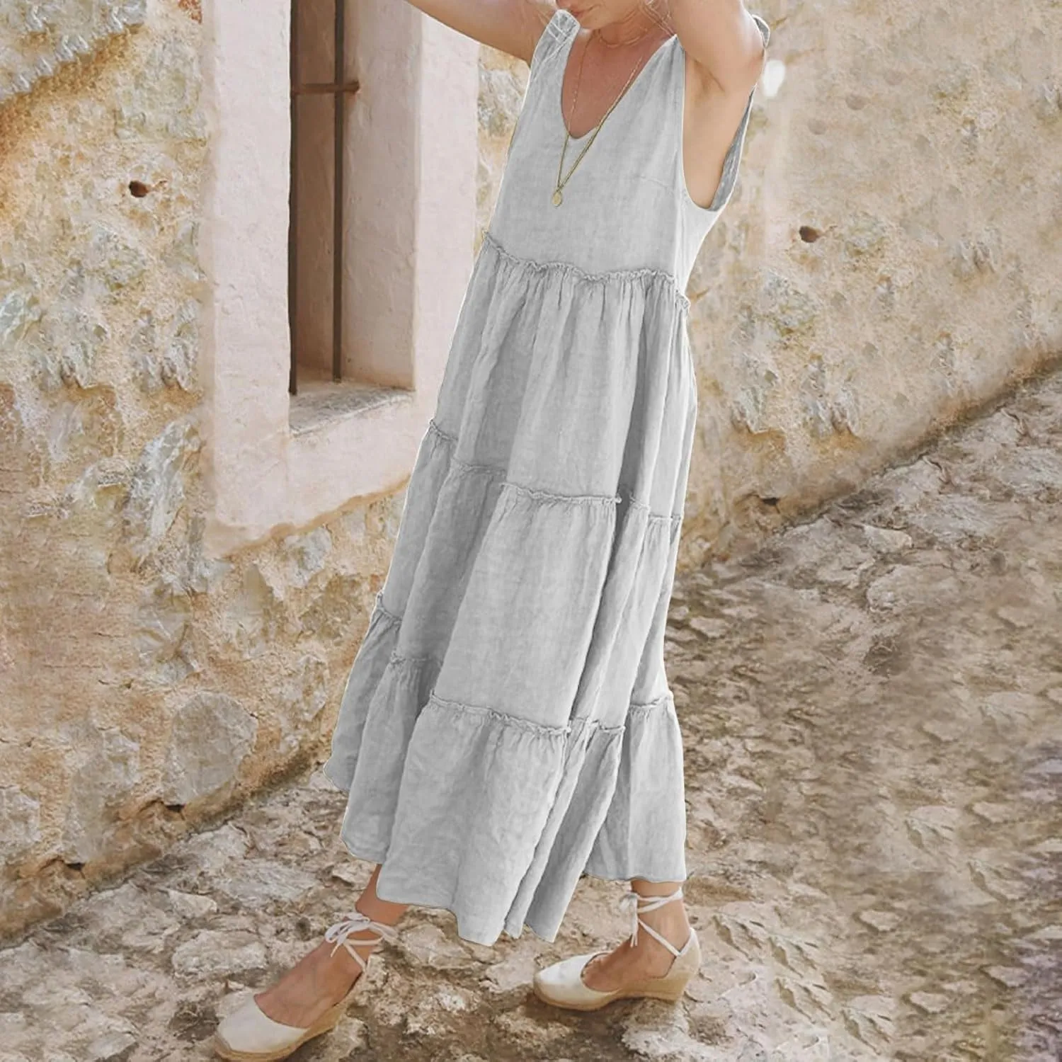 Linen Dress Women V Neck Tie Shoulder Backless Maxi Dress Casual Summer Tiered Flowy Boho Beach Vacation Sun Dresses