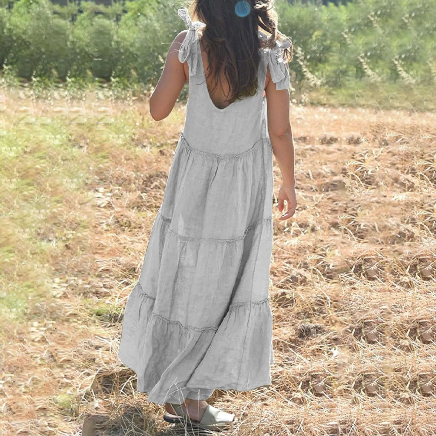 Linen Dress Women V Neck Tie Shoulder Backless Maxi Dress Casual Summer Tiered Flowy Boho Beach Vacation Sun Dresses