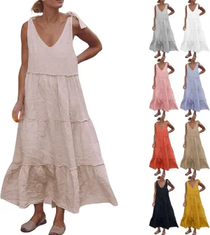 Linen Dress Women V Neck Tie Shoulder Backless Maxi Dress Casual Summer Tiered Flowy Boho Beach Vacation Sun Dresses