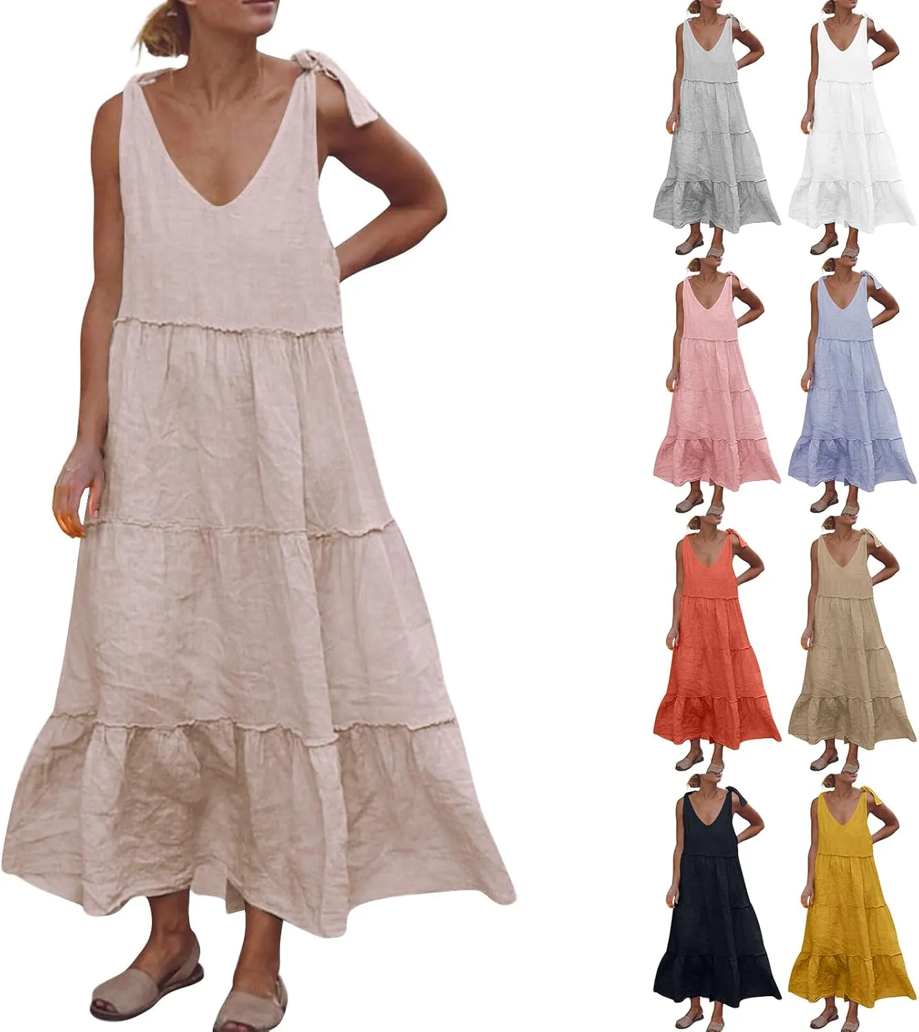 Linen Dress Women V Neck Tie Shoulder Backless Maxi Dress Casual Summer Tiered Flowy Boho Beach Vacation Sun Dresses