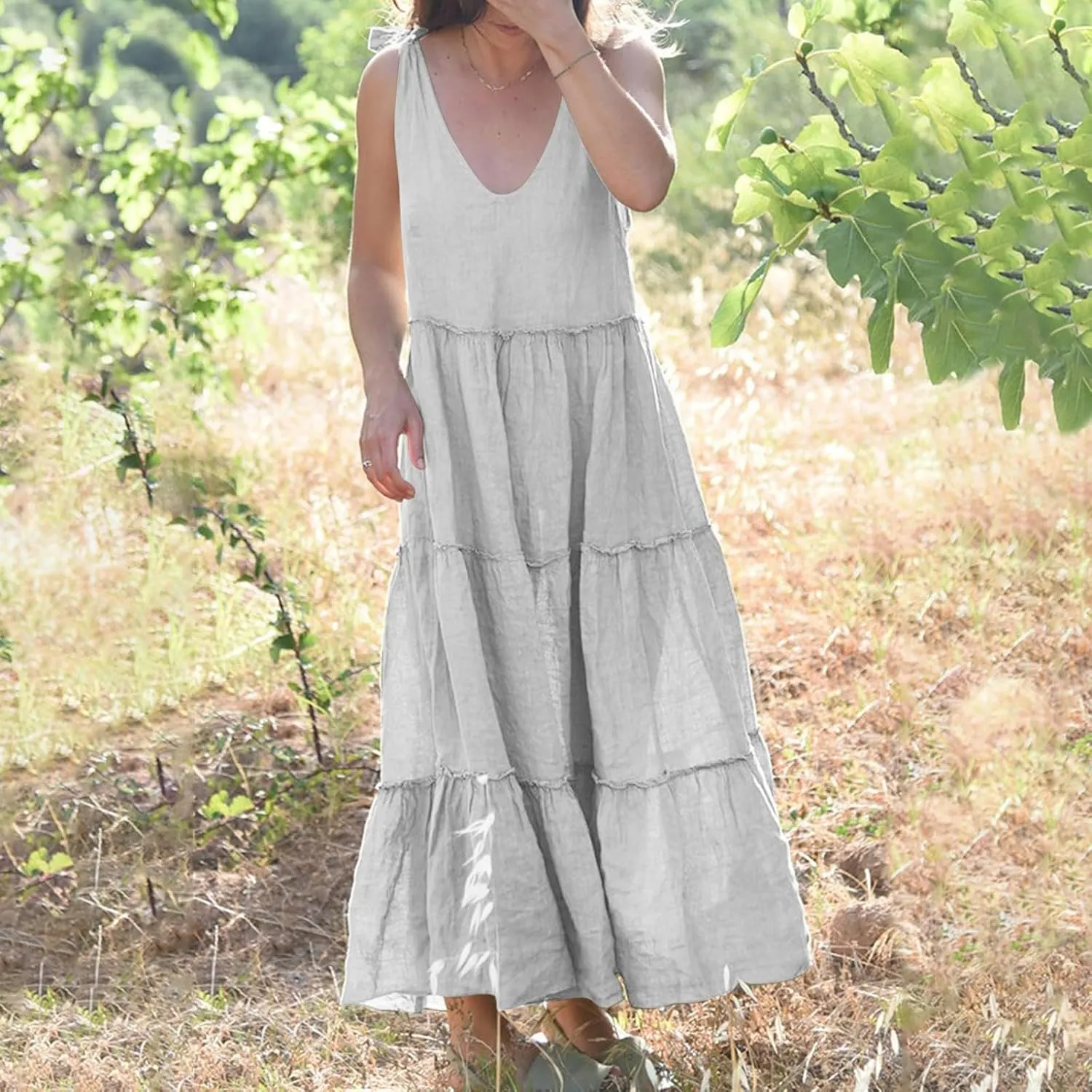 Linen Dress Women V Neck Tie Shoulder Backless Maxi Dress Casual Summer Tiered Flowy Boho Beach Vacation Sun Dresses