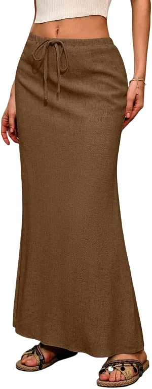 Linen Maxi Skirts for Women 2025 Boho Summer Skirt Casual Drawstring Elastic Waist A Line Long Flowy Fishtail Skirt