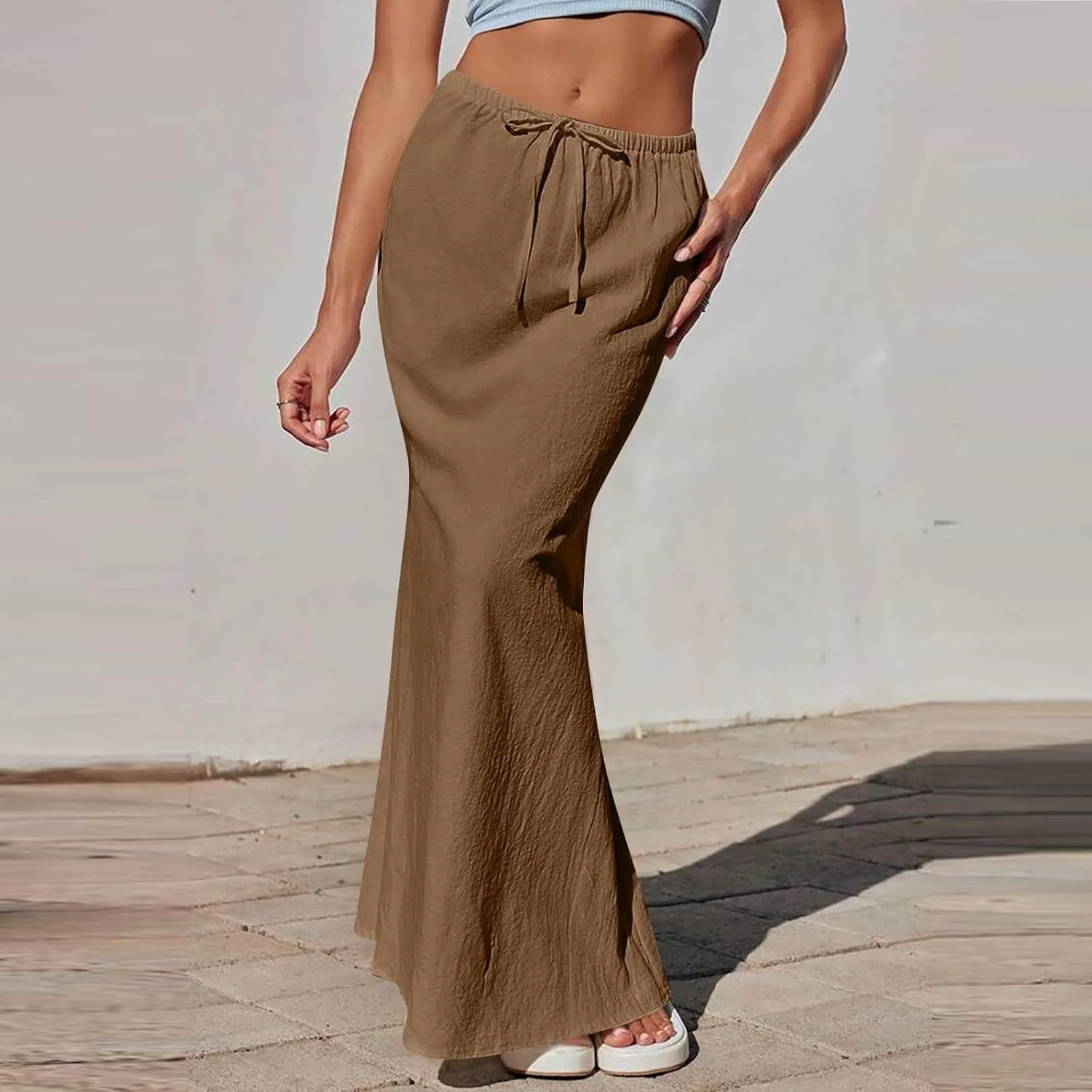 Linen Maxi Skirts for Women 2025 Boho Summer Skirt Casual Drawstring Elastic Waist A Line Long Flowy Fishtail Skirt