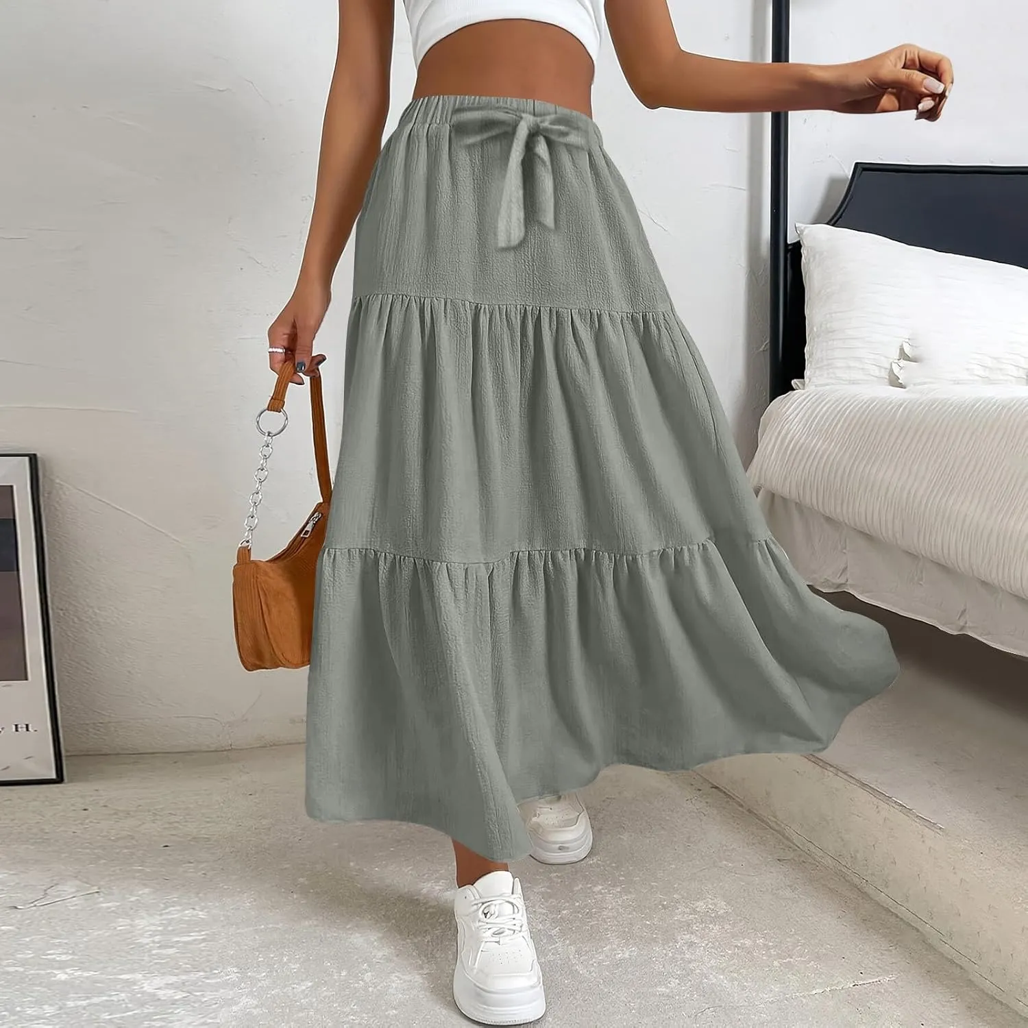Linen Maxi Skirts for Women 2025 Summer Bow Elastic Waist A Line Tiered Boho Skirt Vacation Beach Long Pleated Skirt