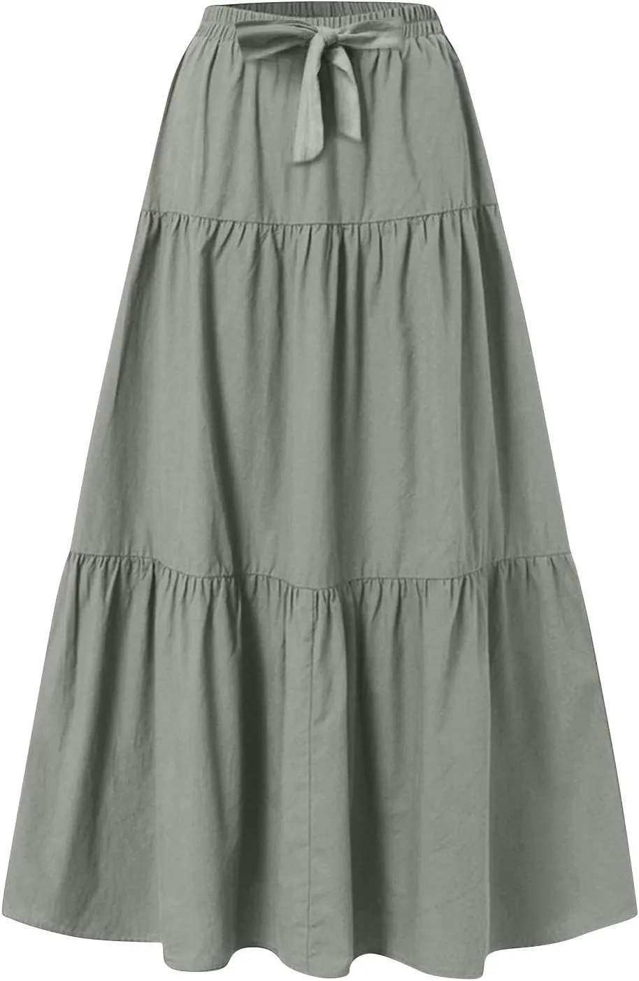 Linen Maxi Skirts for Women 2025 Summer Bow Elastic Waist A Line Tiered Boho Skirt Vacation Beach Long Pleated Skirt