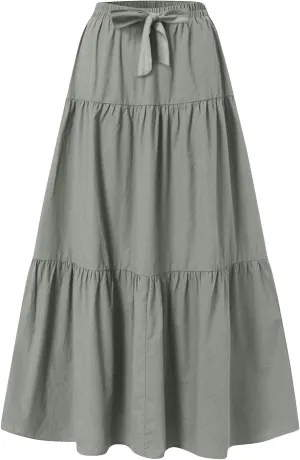 Linen Maxi Skirts for Women 2025 Summer Bow Elastic Waist A Line Tiered Boho Skirt Vacation Beach Long Pleated Skirt