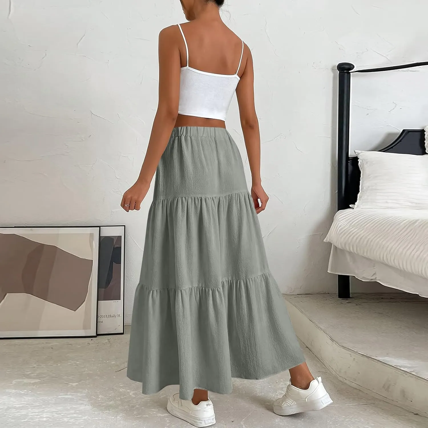 Linen Maxi Skirts for Women 2025 Summer Bow Elastic Waist A Line Tiered Boho Skirt Vacation Beach Long Pleated Skirt