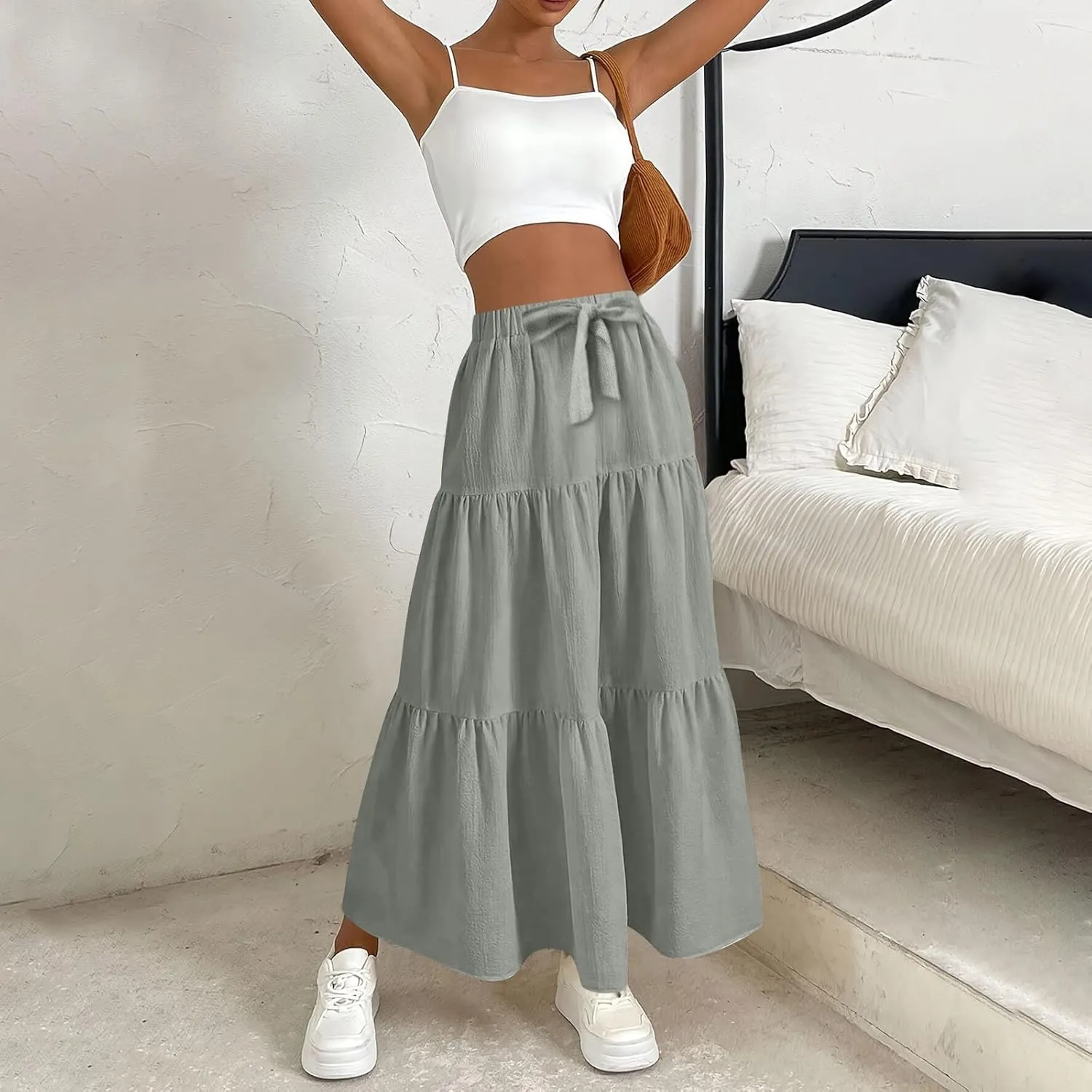 Linen Maxi Skirts for Women 2025 Summer Bow Elastic Waist A Line Tiered Boho Skirt Vacation Beach Long Pleated Skirt
