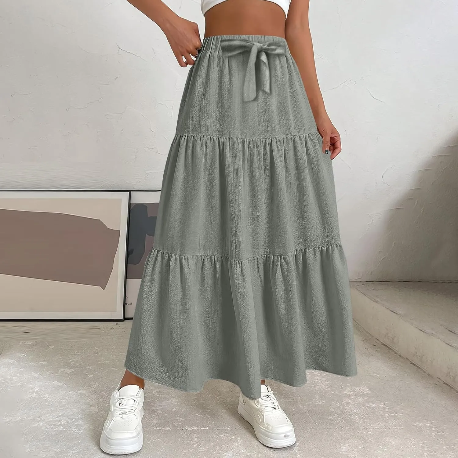Linen Maxi Skirts for Women 2025 Summer Bow Elastic Waist A Line Tiered Boho Skirt Vacation Beach Long Pleated Skirt