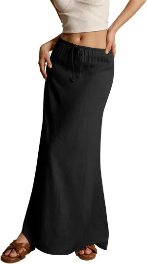 Linen Maxi Skirts for Women Summer 2025 Vacation A Line Skirt Long Cover Ups Comfy Drawstring Low Waist Boho Skirt