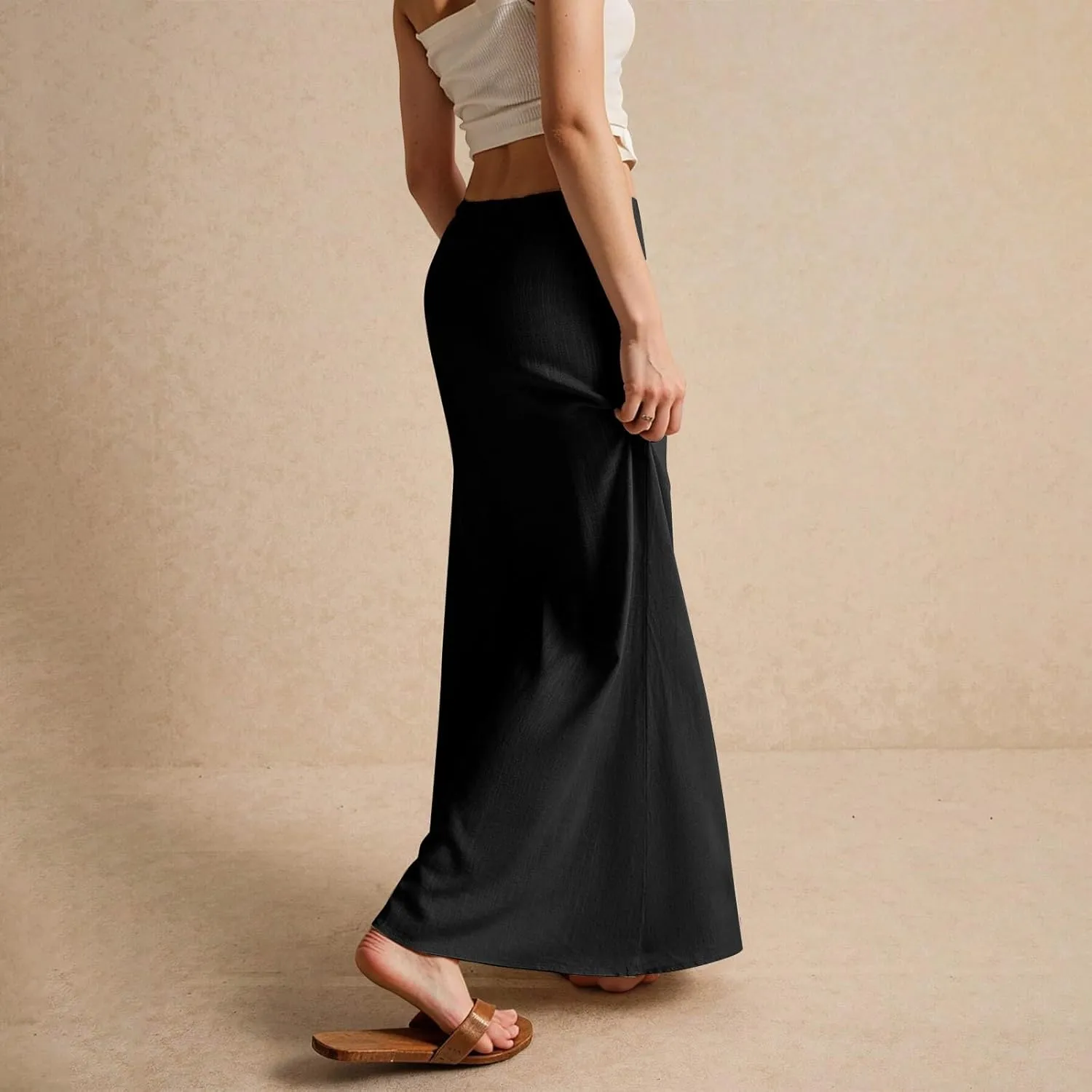 Linen Maxi Skirts for Women Summer 2025 Vacation A Line Skirt Long Cover Ups Comfy Drawstring Low Waist Boho Skirt