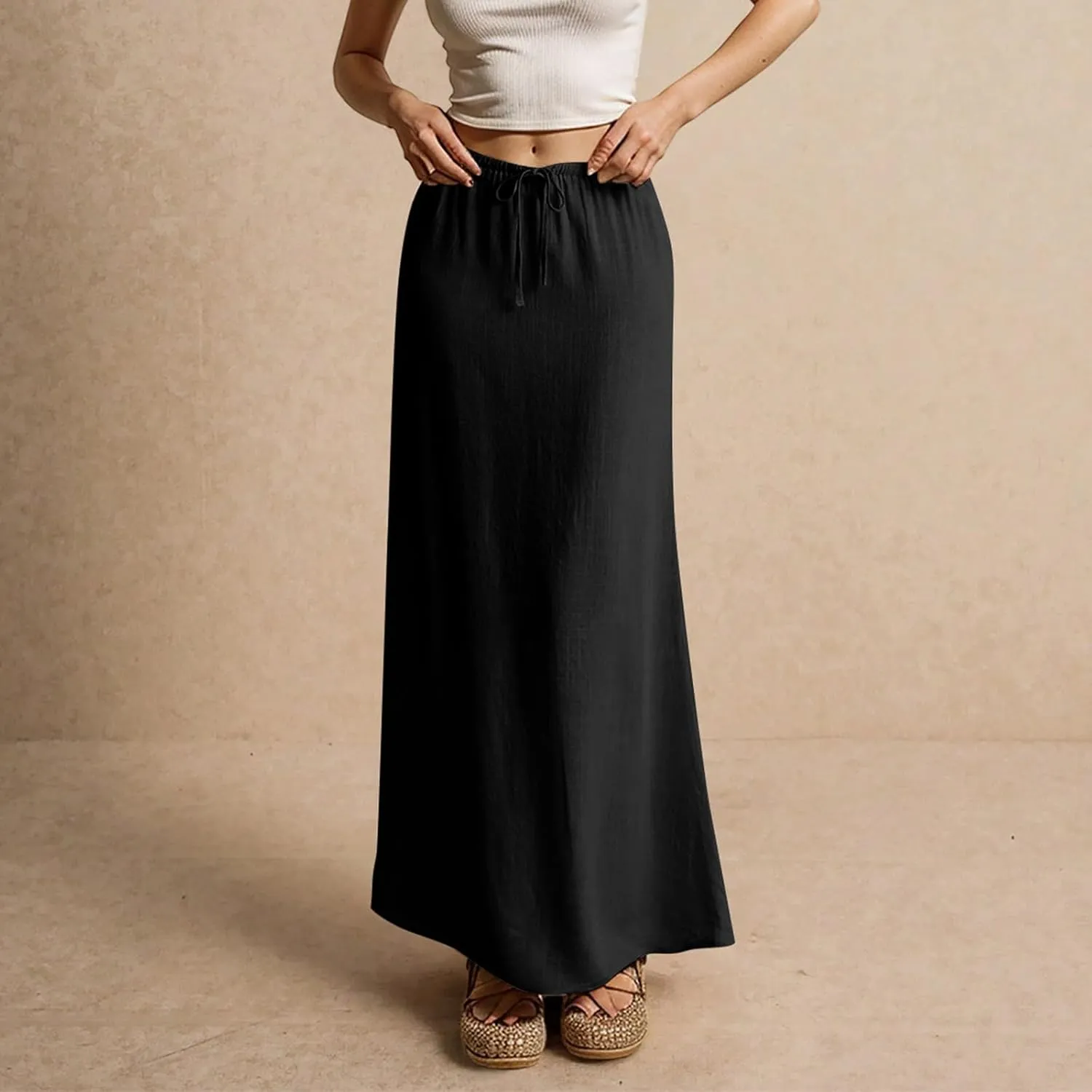 Linen Maxi Skirts for Women Summer 2025 Vacation A Line Skirt Long Cover Ups Comfy Drawstring Low Waist Boho Skirt