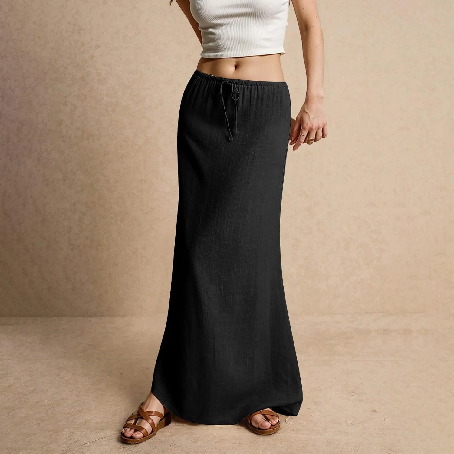 Linen Maxi Skirts for Women Summer 2025 Vacation A Line Skirt Long Cover Ups Comfy Drawstring Low Waist Boho Skirt