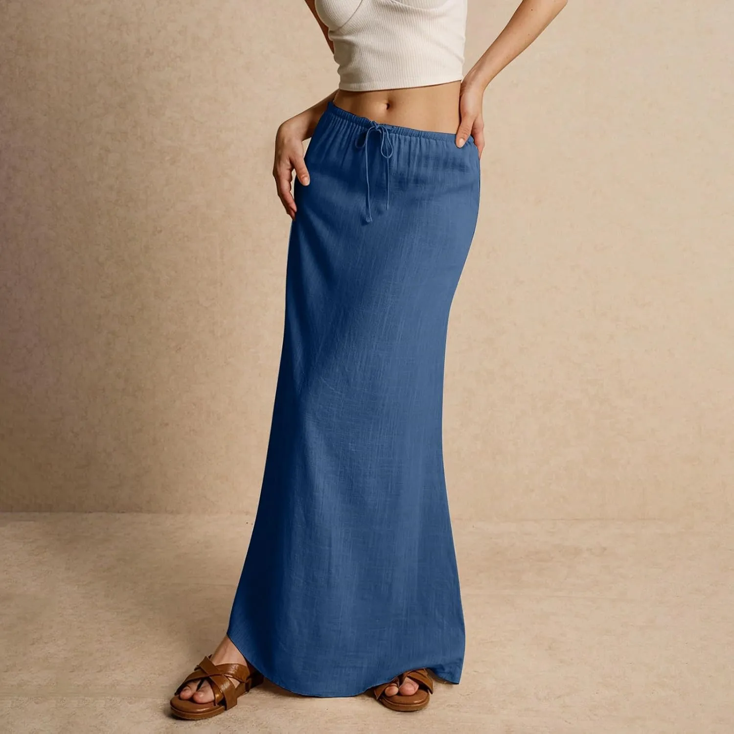 Linen Maxi Skirts for Women Trendy 2025 Casual Drawstring Low Waist Plain Skirts Boho Vacation Beach Skirts