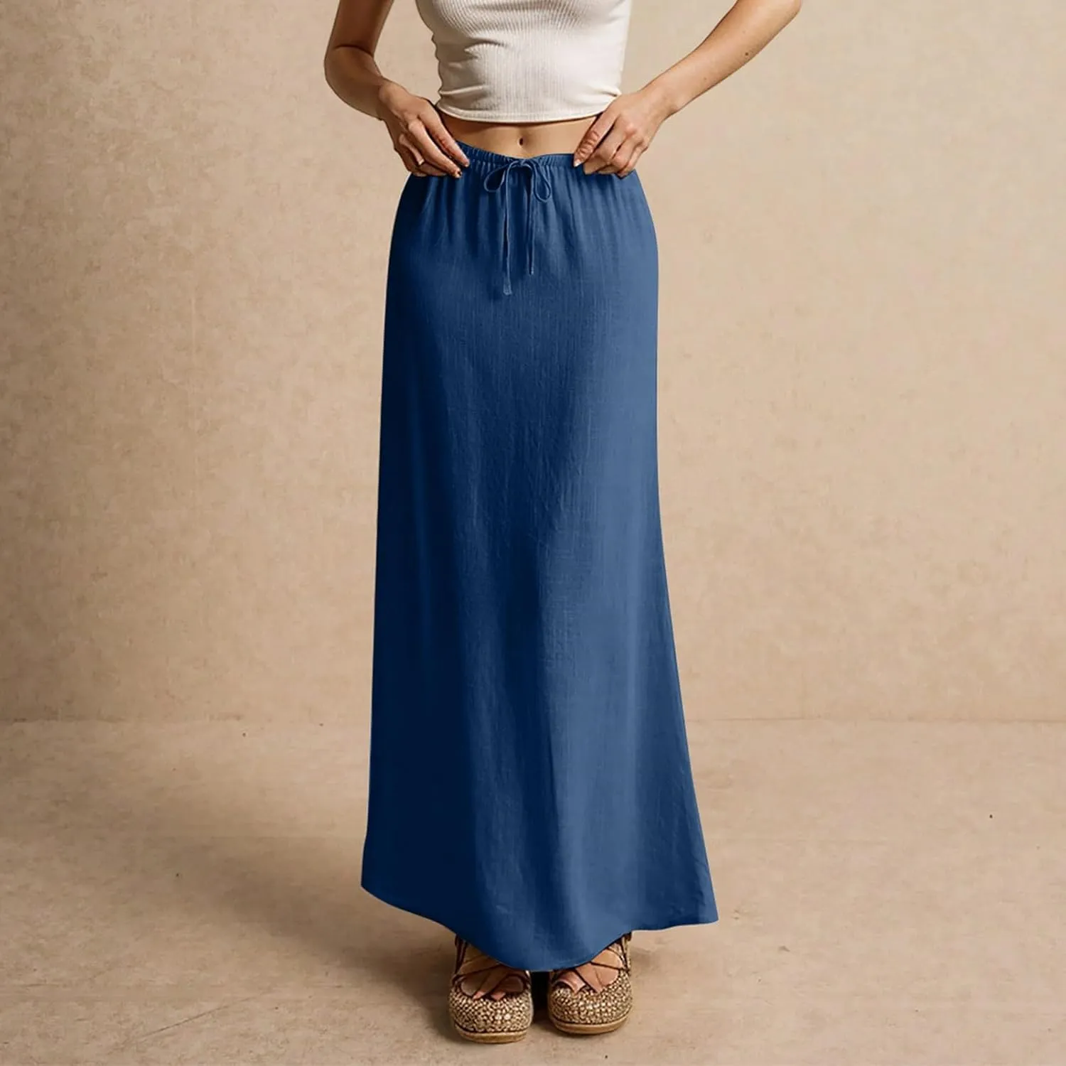 Linen Maxi Skirts for Women Trendy 2025 Casual Drawstring Low Waist Plain Skirts Boho Vacation Beach Skirts