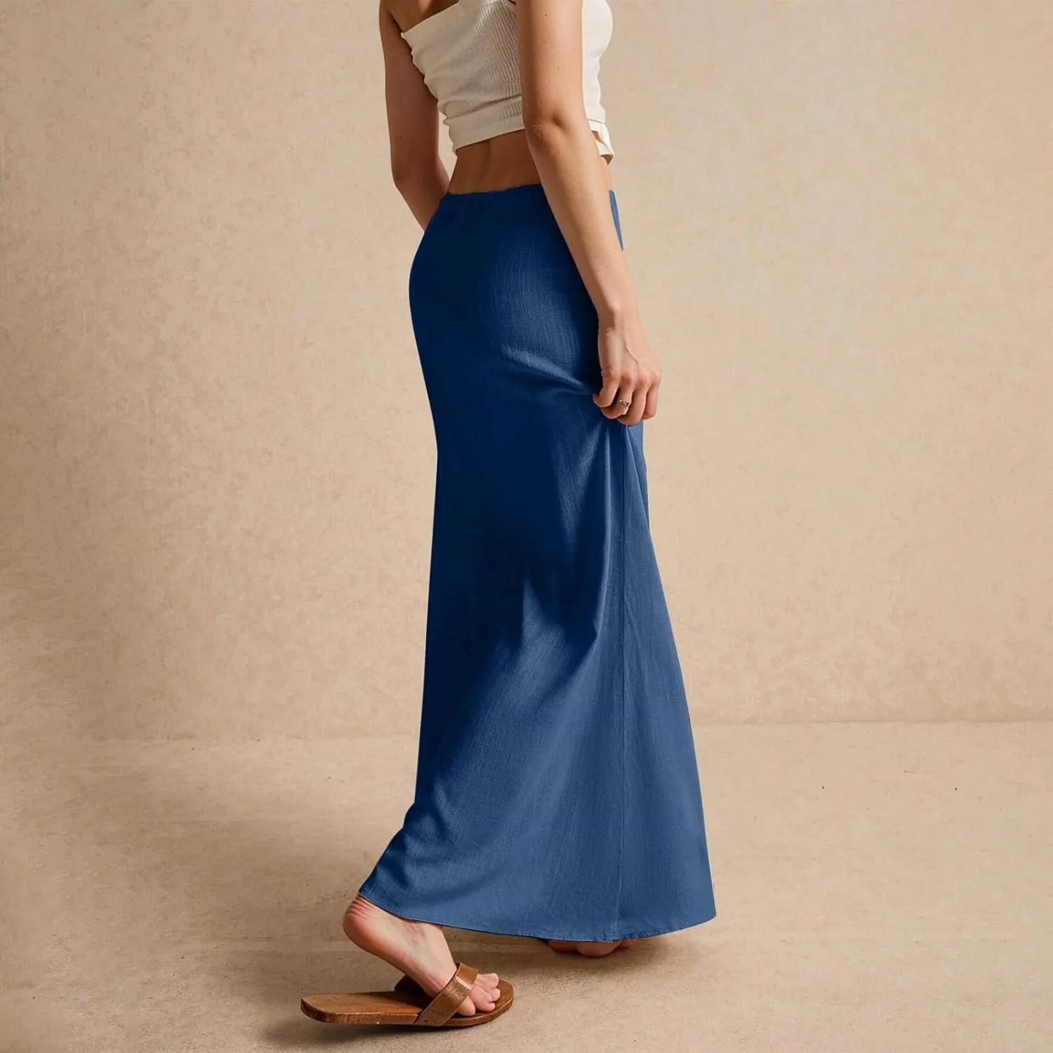 Linen Maxi Skirts for Women Trendy 2025 Casual Drawstring Low Waist Plain Skirts Boho Vacation Beach Skirts