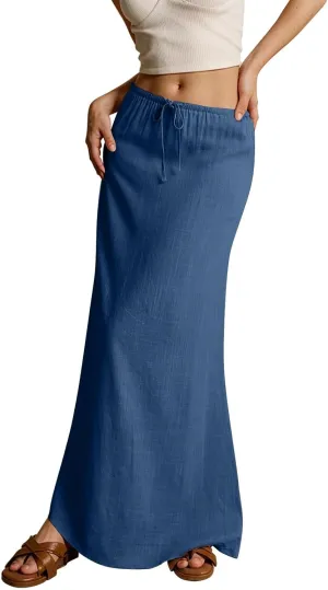 Linen Maxi Skirts for Women Trendy 2025 Casual Drawstring Low Waist Plain Skirts Boho Vacation Beach Skirts