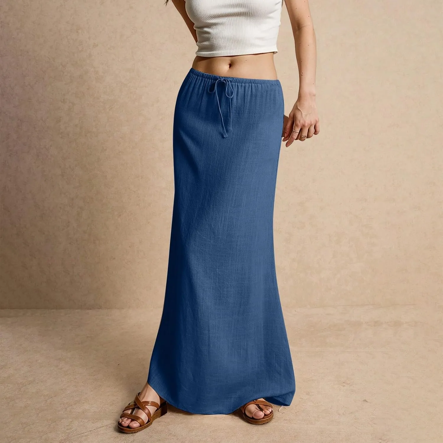Linen Maxi Skirts for Women Trendy 2025 Casual Drawstring Low Waist Plain Skirts Boho Vacation Beach Skirts