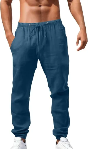 linen pants for men big and tall, yoga pants for men cotton, Linen Pants for Men, Mens Casual Pants Drawstring Elastic Waist Straight Legs Pants Summer Beach Trousers Pockets