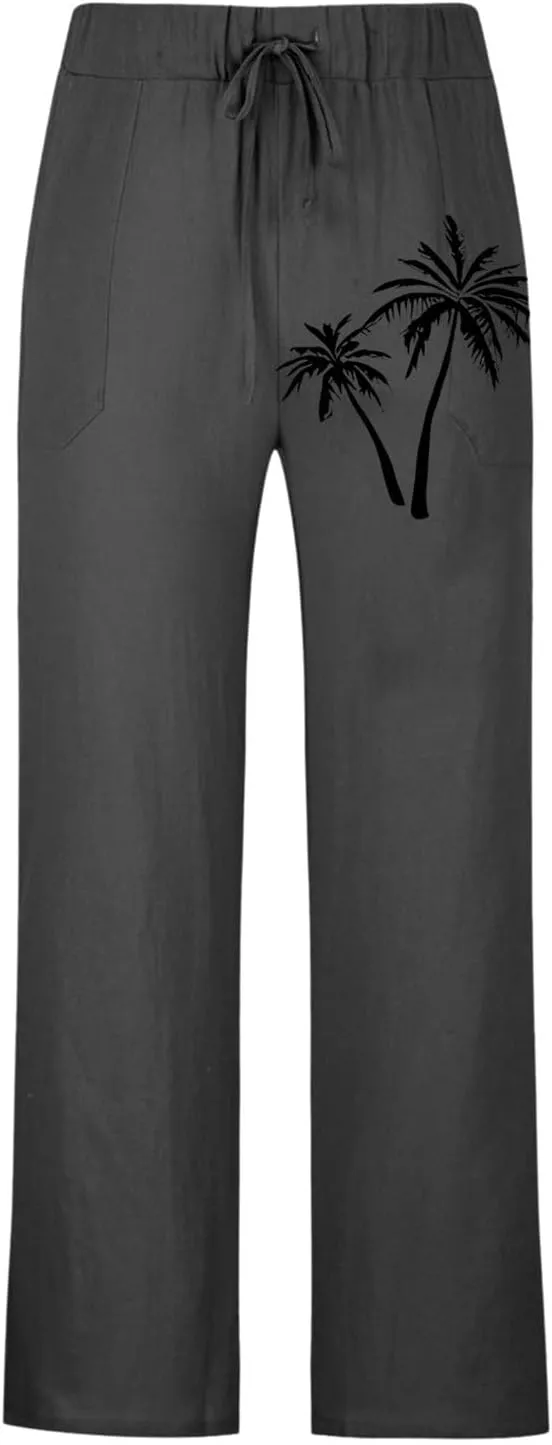 Linen Pants Men Slim Fit Casual Drawstring Elastic Waist Tree Printed Beach Yoga Pants Summer Lightweight Trousers