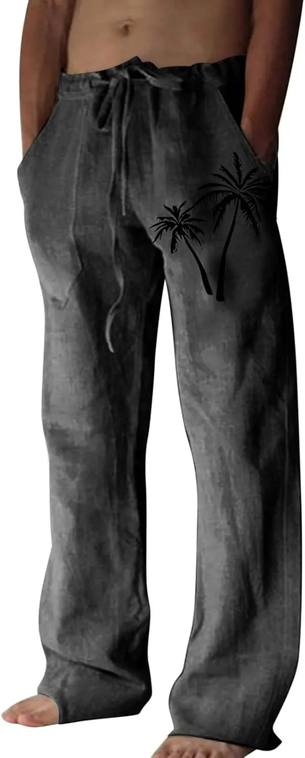 Linen Pants Men Slim Fit Casual Drawstring Elastic Waist Tree Printed Beach Yoga Pants Summer Lightweight Trousers