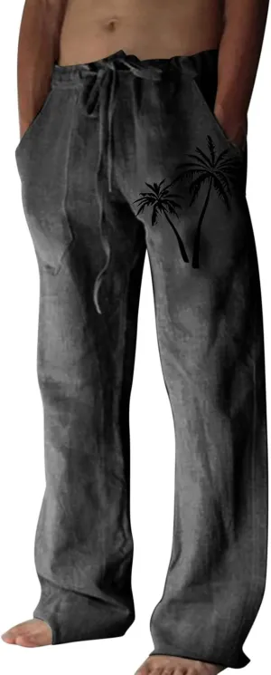 Linen Pants Men Slim Fit Casual Drawstring Elastic Waist Tree Printed Beach Yoga Pants Summer Lightweight Trousers