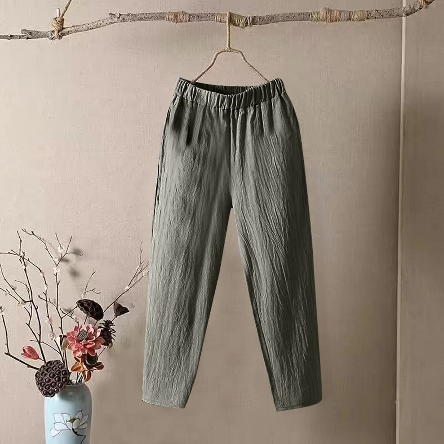 Linen Pants Women Summer Straight Leg Elastic Waist Casual Pants Peasant Linen