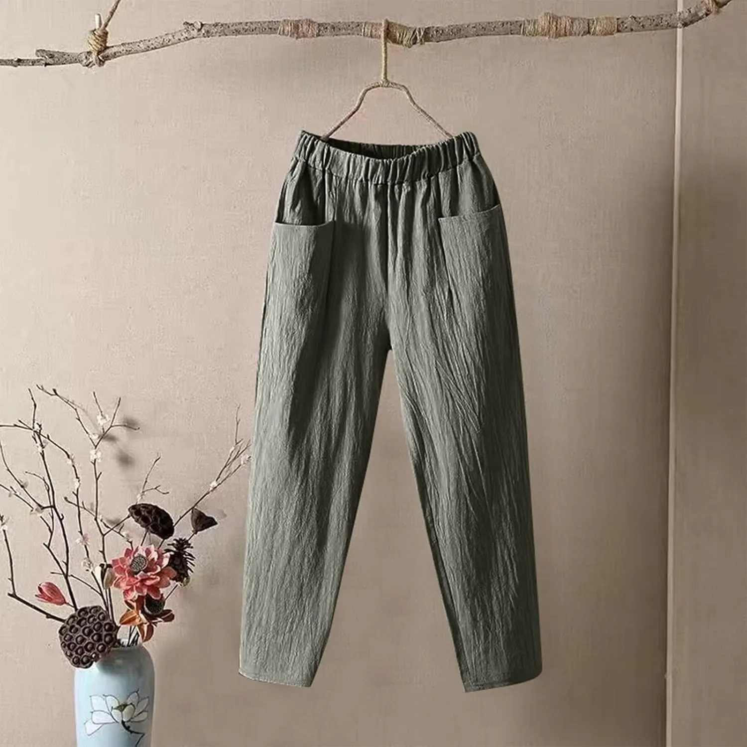 Linen Pants Women Summer Straight Leg Elastic Waist Casual Pants Peasant Linen