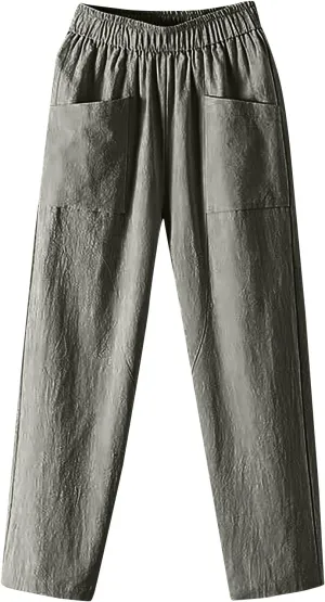 Linen Pants Women Summer Straight Leg Elastic Waist Casual Pants Peasant Linen
