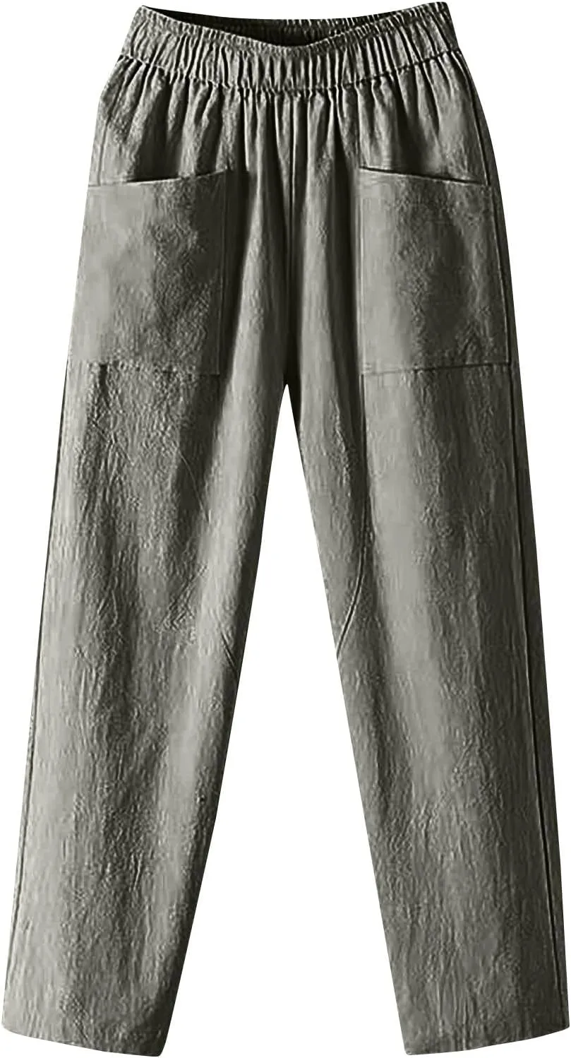 Linen Pants Women Summer Straight Leg Elastic Waist Casual Pants Peasant Linen