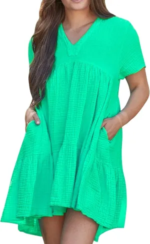 Lmdudan Plus Size Women Babydoll Mini Dress Flowy Ruffle Hem A-Line Dresses Cotton Linen Short Sleeve V Neck Beach Dress