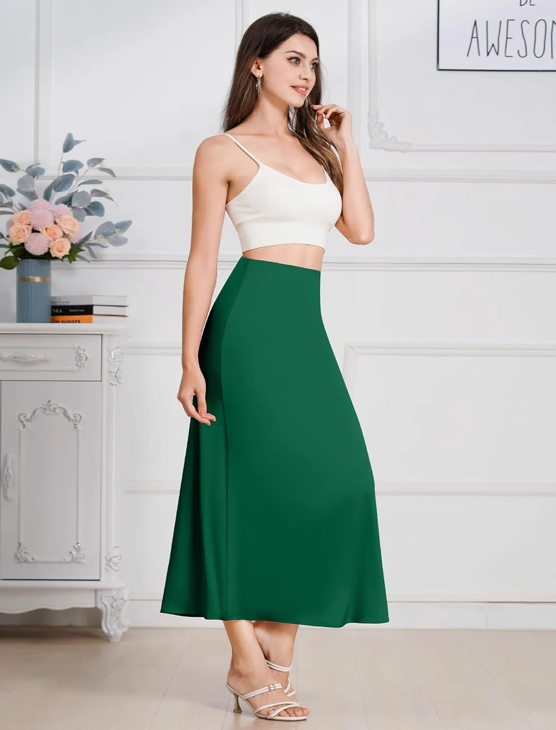 Long Satin Skirts for Women Silk Skirts Silky Elastic High Waist Flared Casual A Line Midi Skirt Cocktail Party Maxi Skirts