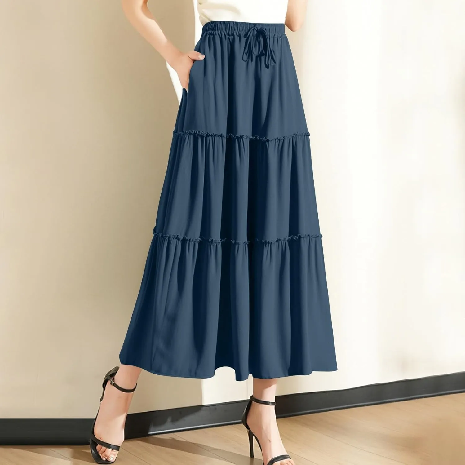 Long Skirts for Women Trendy Summer Boho Flowy Skirt Swing Tiered Maxi Skirt Elastic Waist Pleated Midi Beach Dress