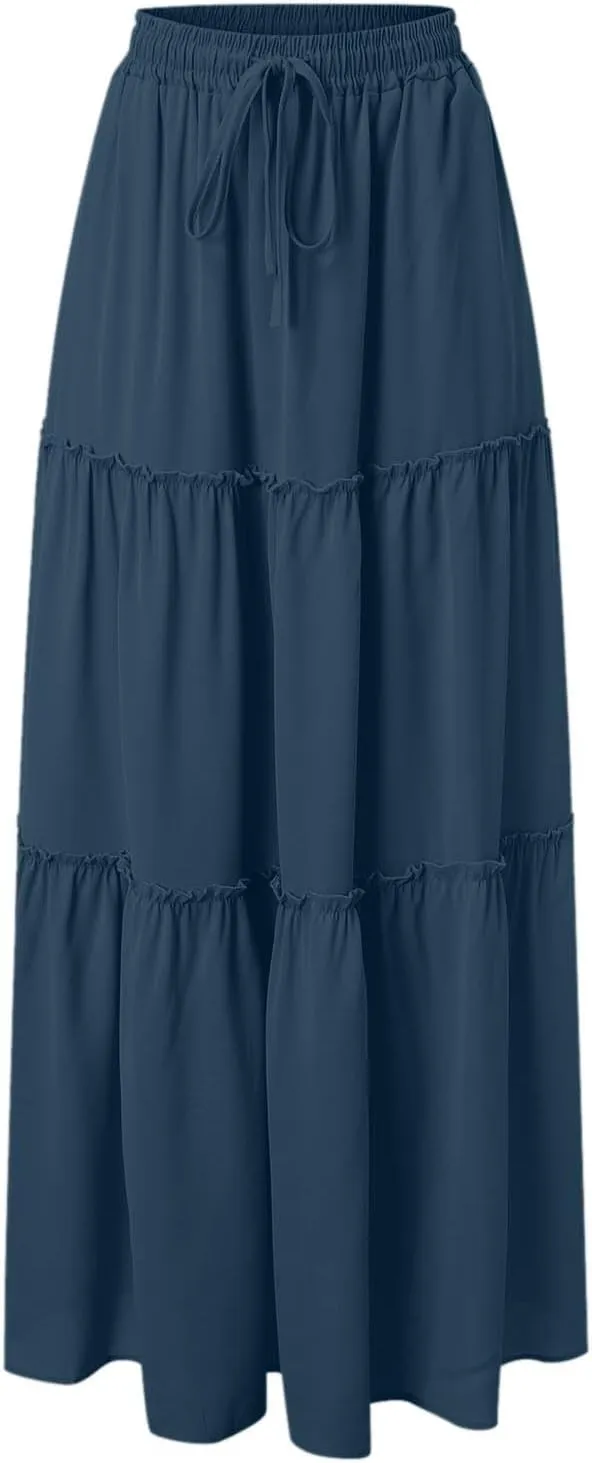 Long Skirts for Women Trendy Summer Boho Flowy Skirt Swing Tiered Maxi Skirt Elastic Waist Pleated Midi Beach Dress