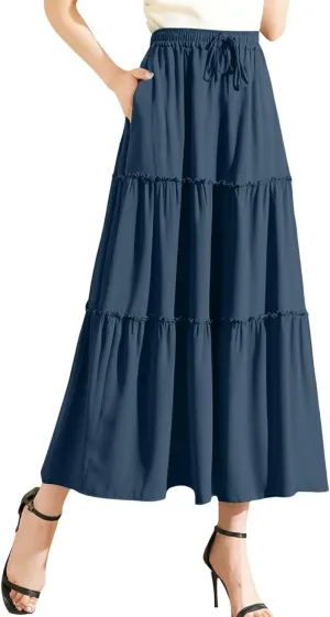 Long Skirts for Women Trendy Summer Boho Flowy Skirt Swing Tiered Maxi Skirt Elastic Waist Pleated Midi Beach Dress