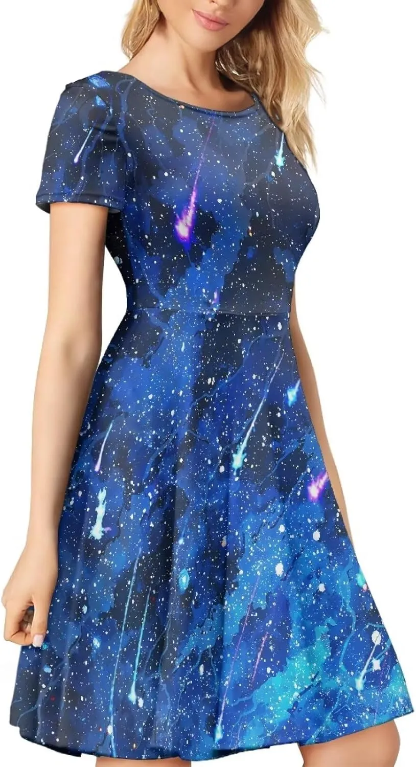 Loose Fit Casual Dresses for Women Graphic Print Short Sleeve Crew Neck A-Line Dress