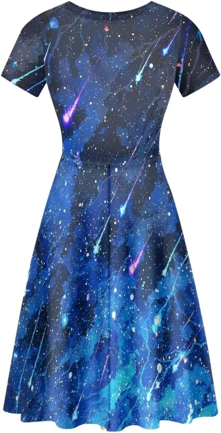 Loose Fit Casual Dresses for Women Graphic Print Short Sleeve Crew Neck A-Line Dress