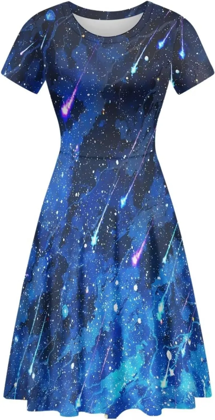 Loose Fit Casual Dresses for Women Graphic Print Short Sleeve Crew Neck A-Line Dress