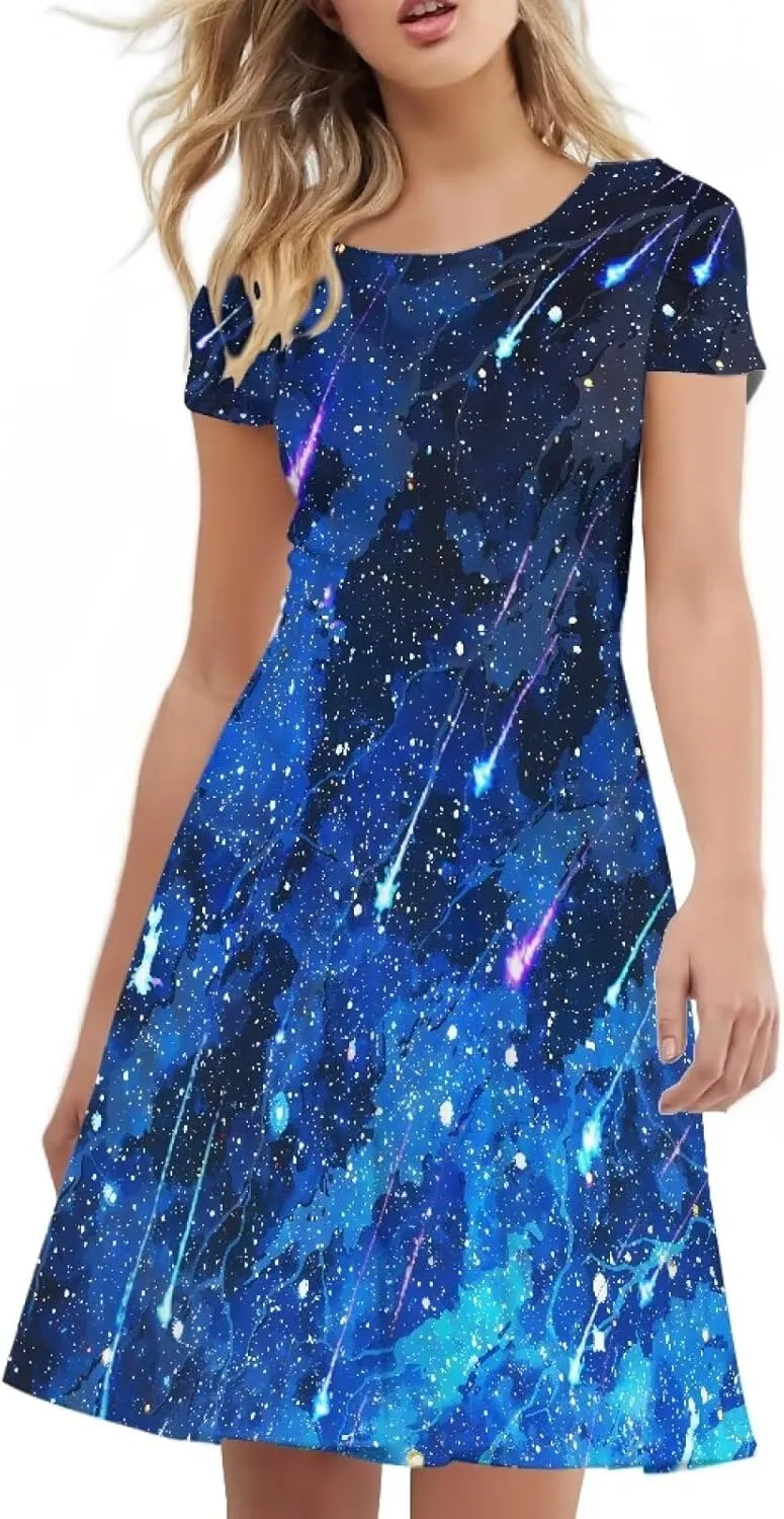 Loose Fit Casual Dresses for Women Graphic Print Short Sleeve Crew Neck A-Line Dress