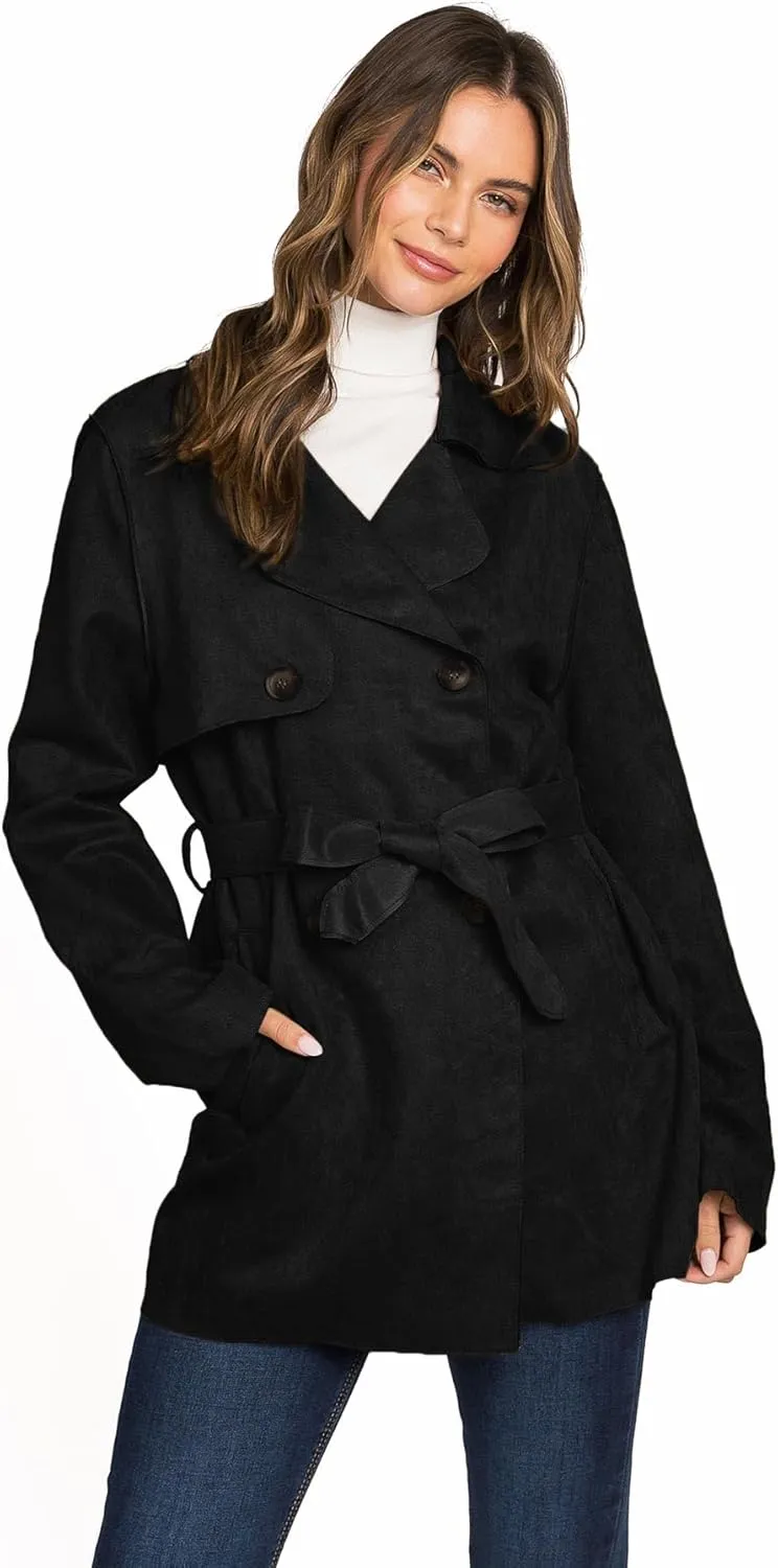Love Tree Women's Juniors Faux Suede Light Layering Trench Coat