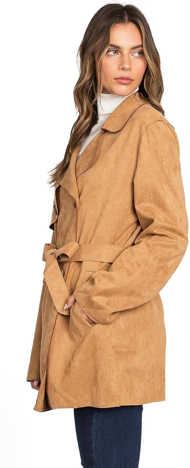 Love Tree Women's Juniors Faux Suede Light Layering Trench Coat
