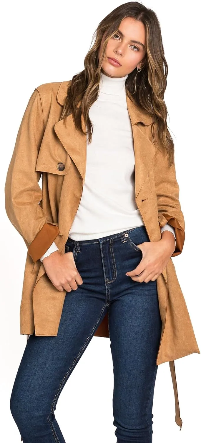 Love Tree Women's Juniors Faux Suede Light Layering Trench Coat