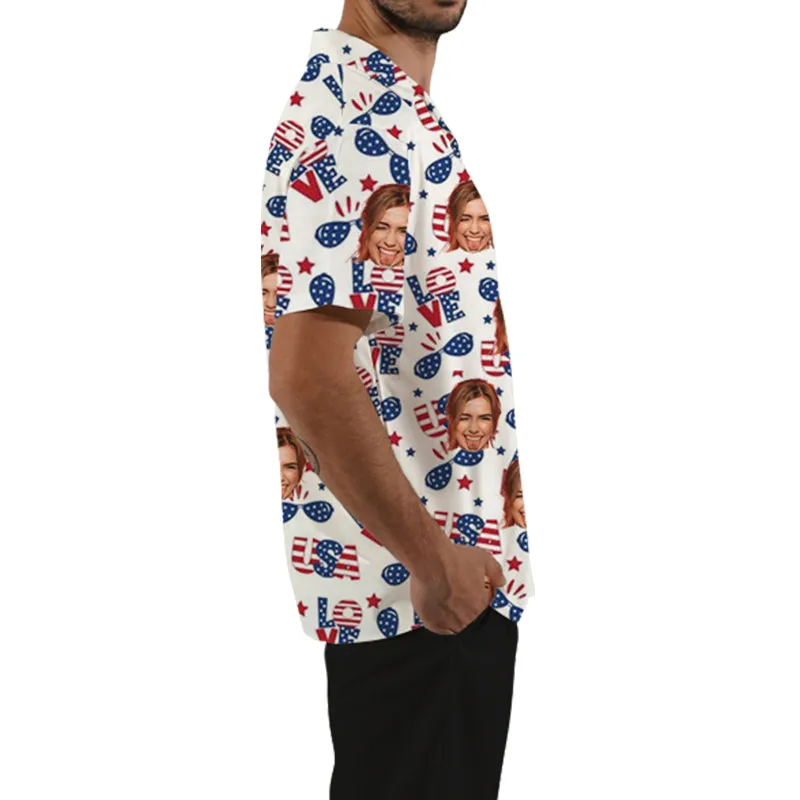 Love USA July 4th Custom Men's Hawaiian Shirts Casual Short Sleeve Tops American Independence Day