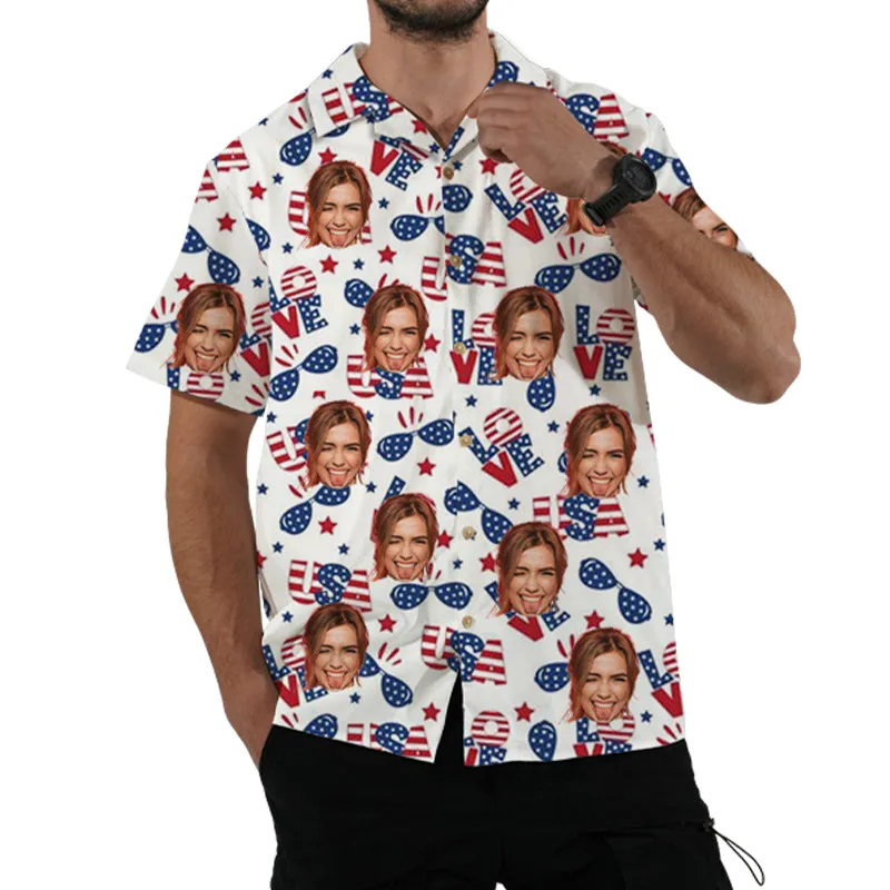 Love USA July 4th Custom Men's Hawaiian Shirts Casual Short Sleeve Tops American Independence Day