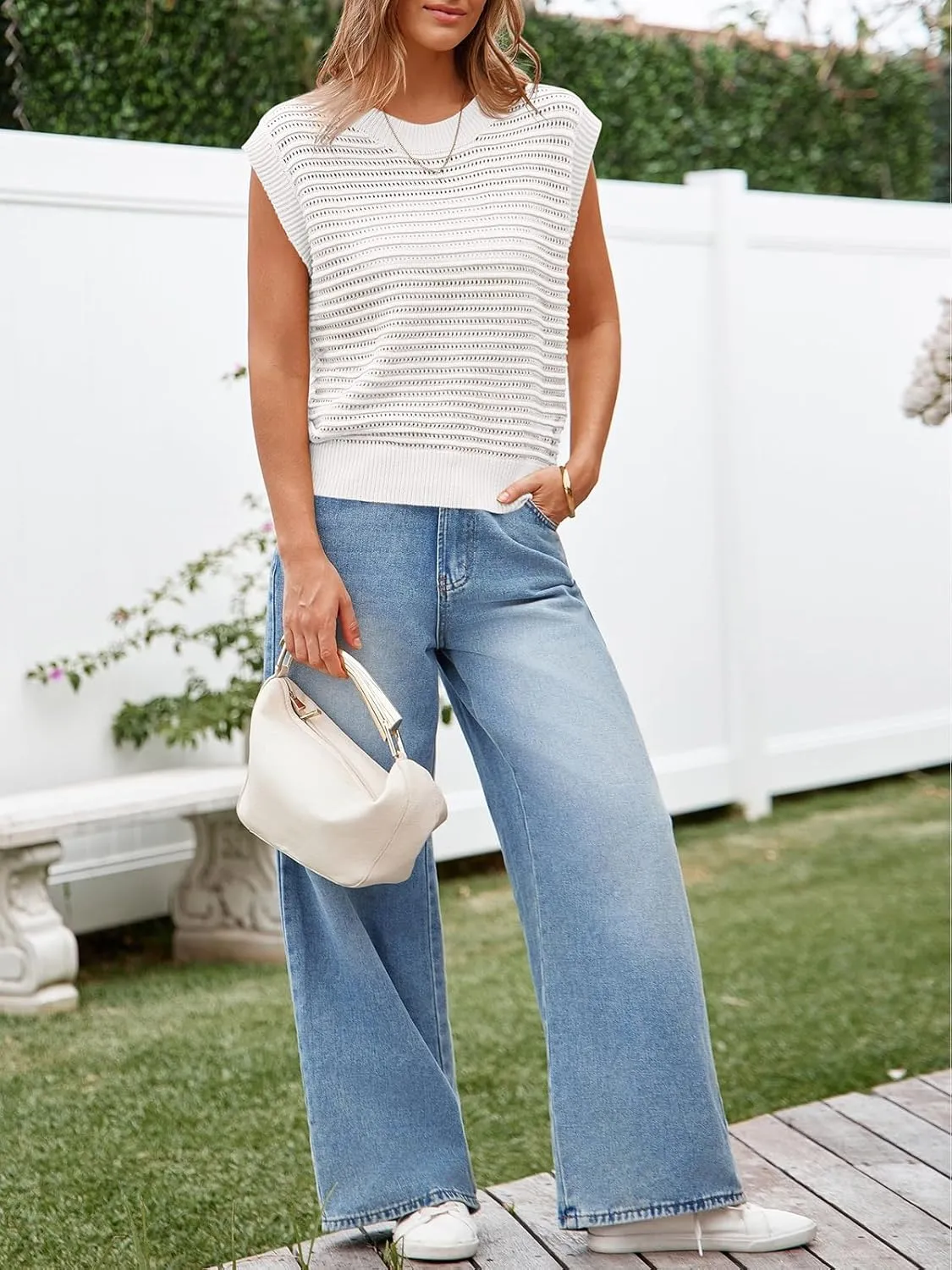 Lueluoye Women's Summer Knit Sweater Vest Cap Sleeve Casual Trendy Crew Neck Ribbed Pullover Tank Tops