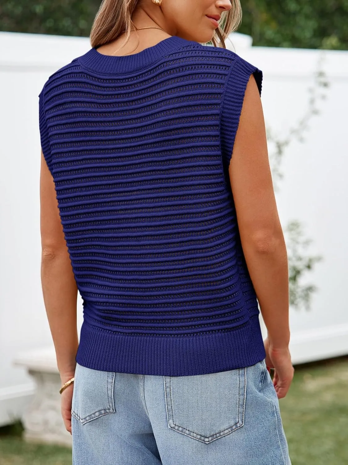 Lueluoye Women's Summer Knit Sweater Vest Cap Sleeve Casual Trendy Crew Neck Ribbed Pullover Tank Tops