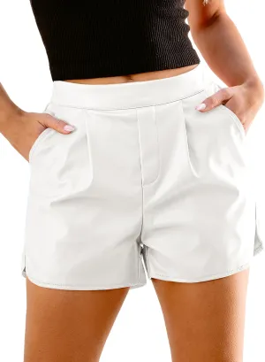 luvamia Faux Leather Shorts for Women High Wasited Pull On Pleated Side Slit Pleather Shorts with Elastic Waist Pockets